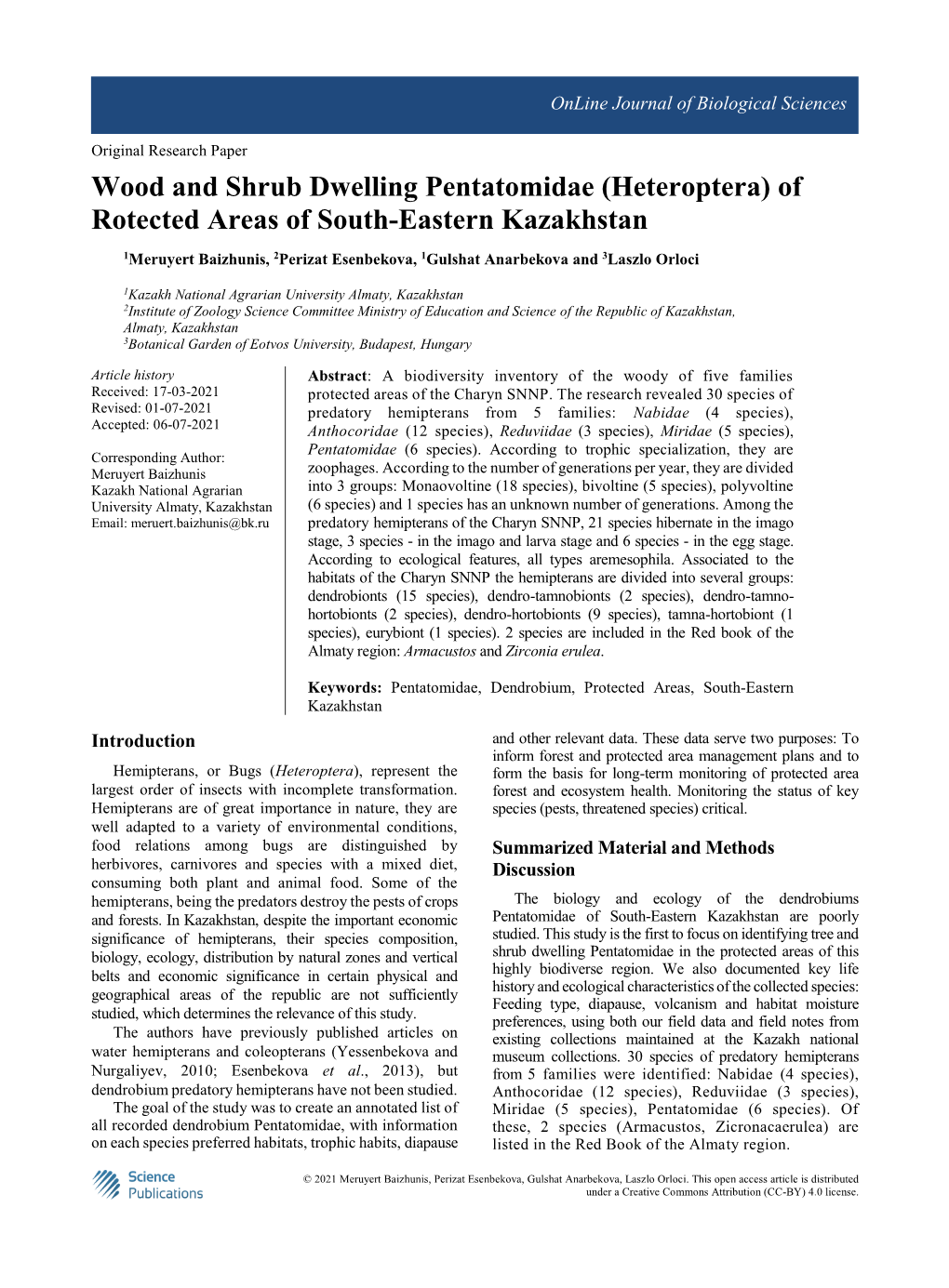 Wood and Shrub Dwelling Pentatomidae (Heteroptera) of Rotected Areas of South-Eastern Kazakhstan