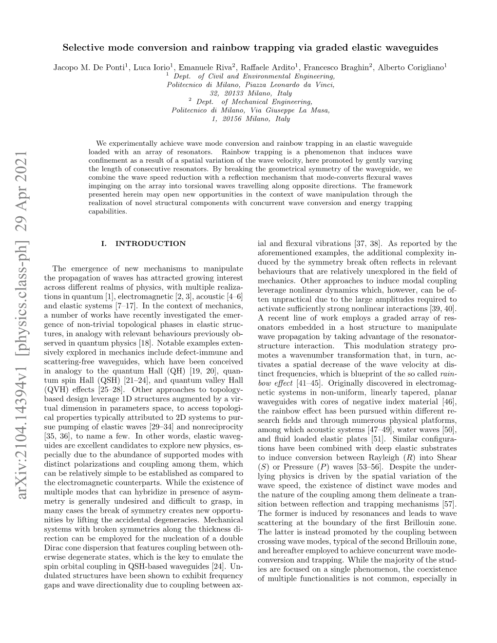 Arxiv:2104.14394V1 [Physics.Class-Ph] 29 Apr 2021 Metry Is Generally Undesired and Diﬃcult to Grasp, in Sition Between Reﬂection and Trapping Mechanisms [57]