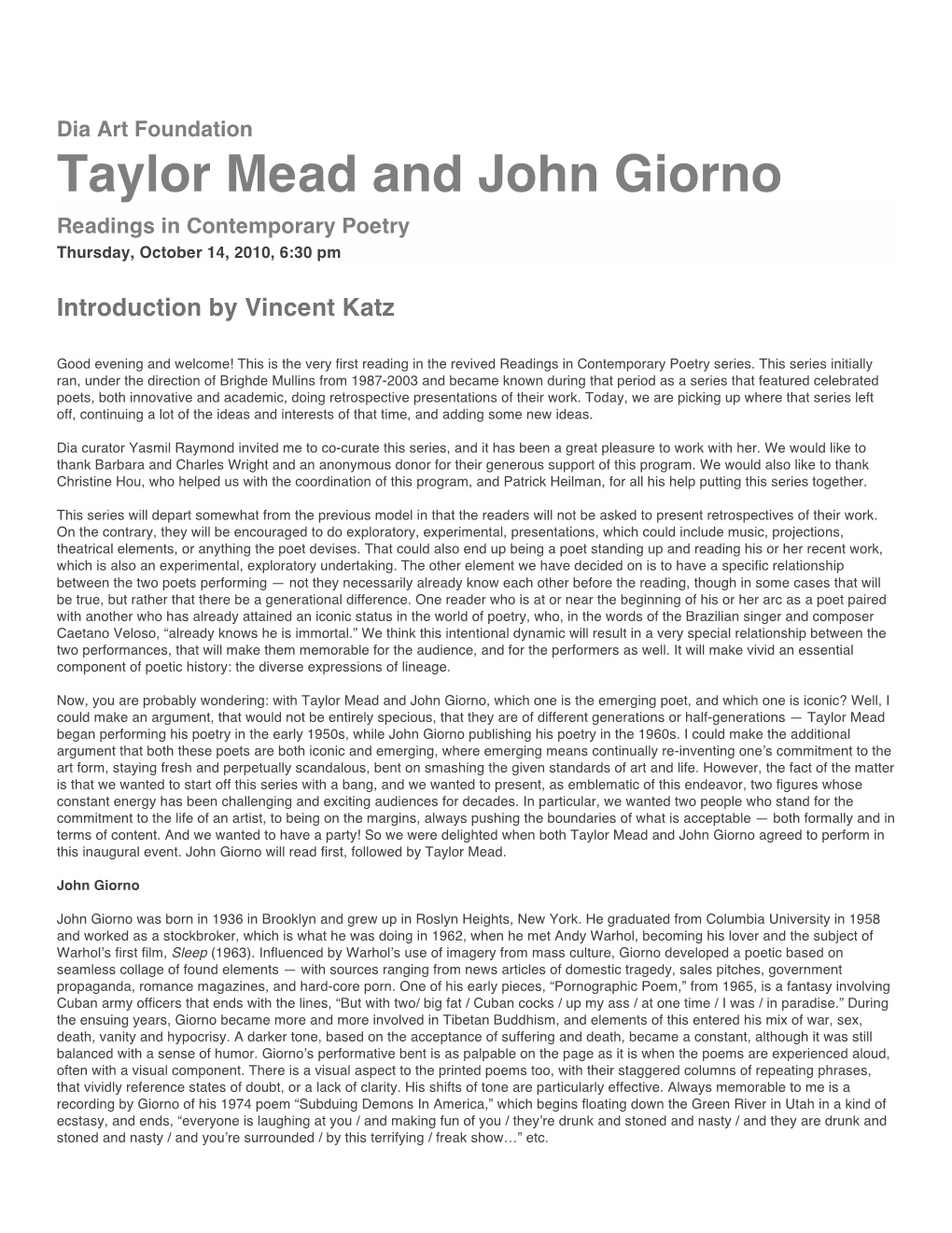 Taylor Mead and John Giorno Readings in Contemporary Poetry Thursday, October 14, 2010, 6:30 Pm