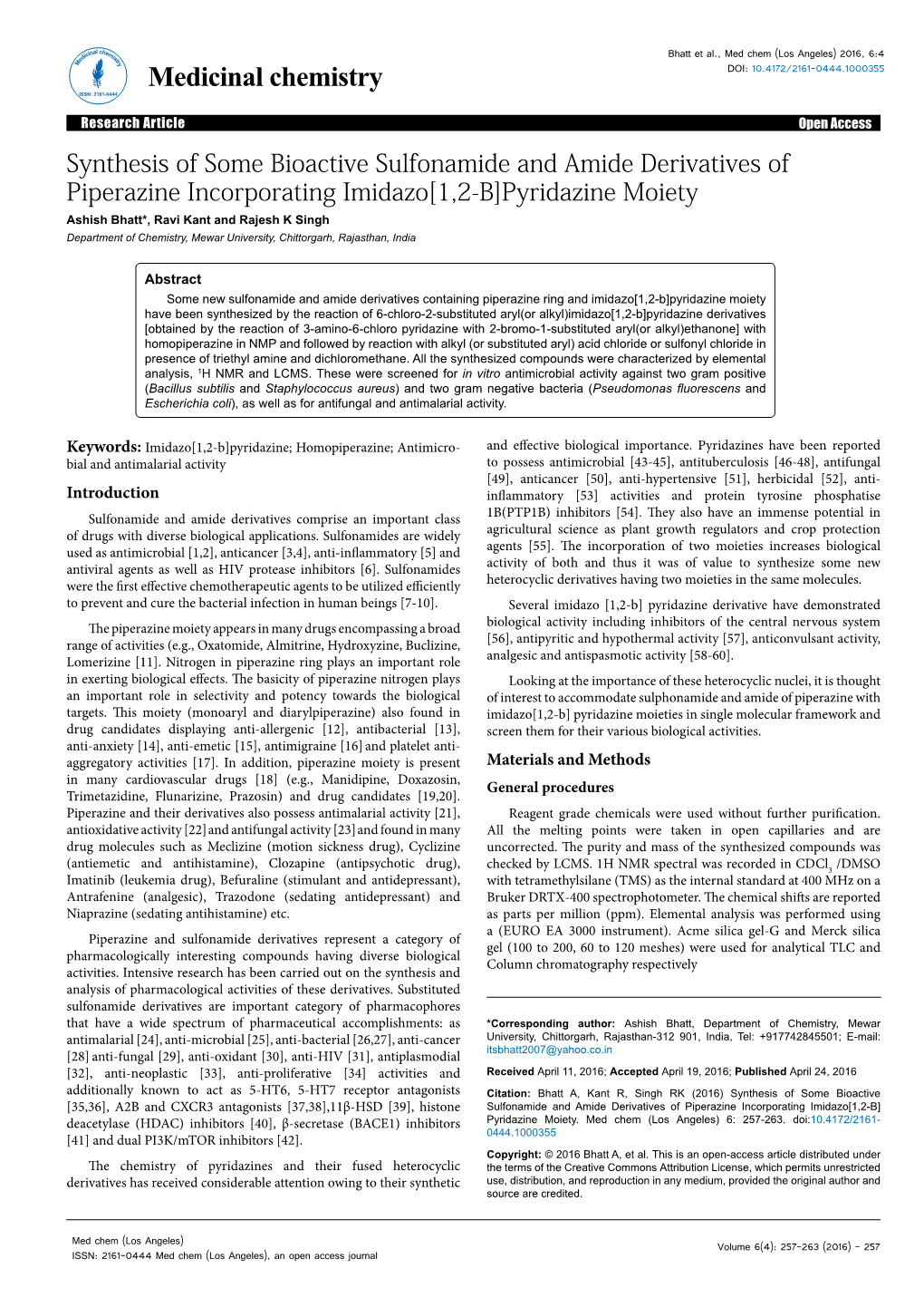 Synthesis of Some Bioactive Sulfonamide and Amide Derivatives of Piperazine Incorporating Imidazo[1,2-B]