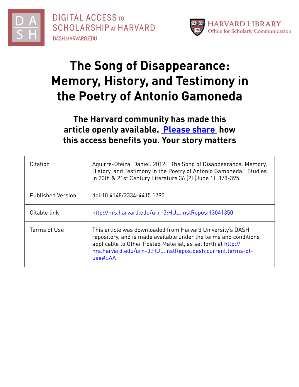 The Song of Disappearance: Memory, History, and Testimony in the Poetry of Antonio Gamoneda