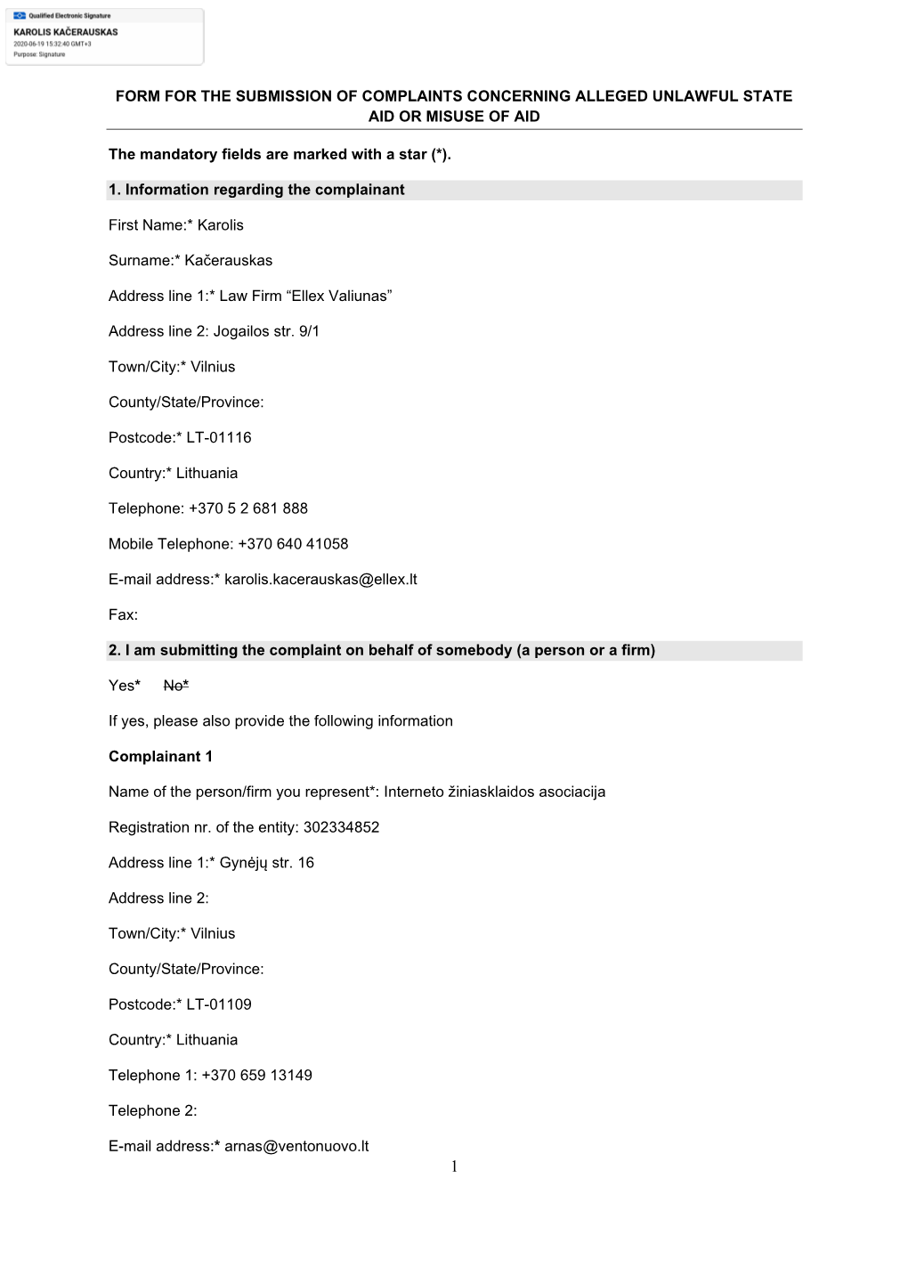 FORM for the SUBMISSION of COMPLAINTS CONCERNING ALLEGED UNLAWFUL STATE AID OR MISUSE of AID the Mandatory Fields Are Marked