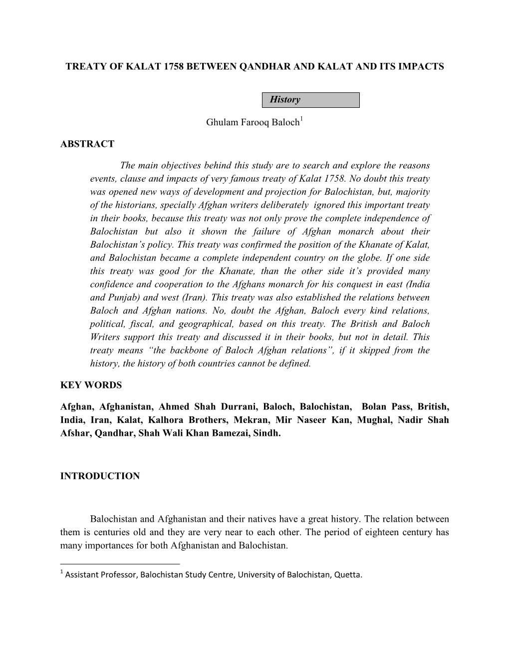 Treaty of Kalat 1758 Between Qandhar and Kalat and Its Impacts