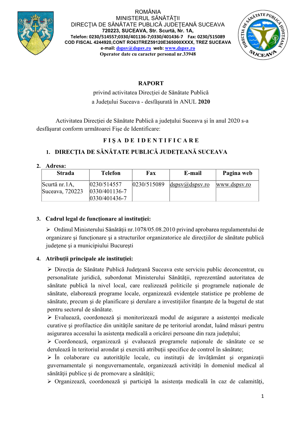 RAPORT Privind Activitatea Direcţiei De Sănătate Publică a Judeţului Suceava - Desfăşurată În ANUL 2020