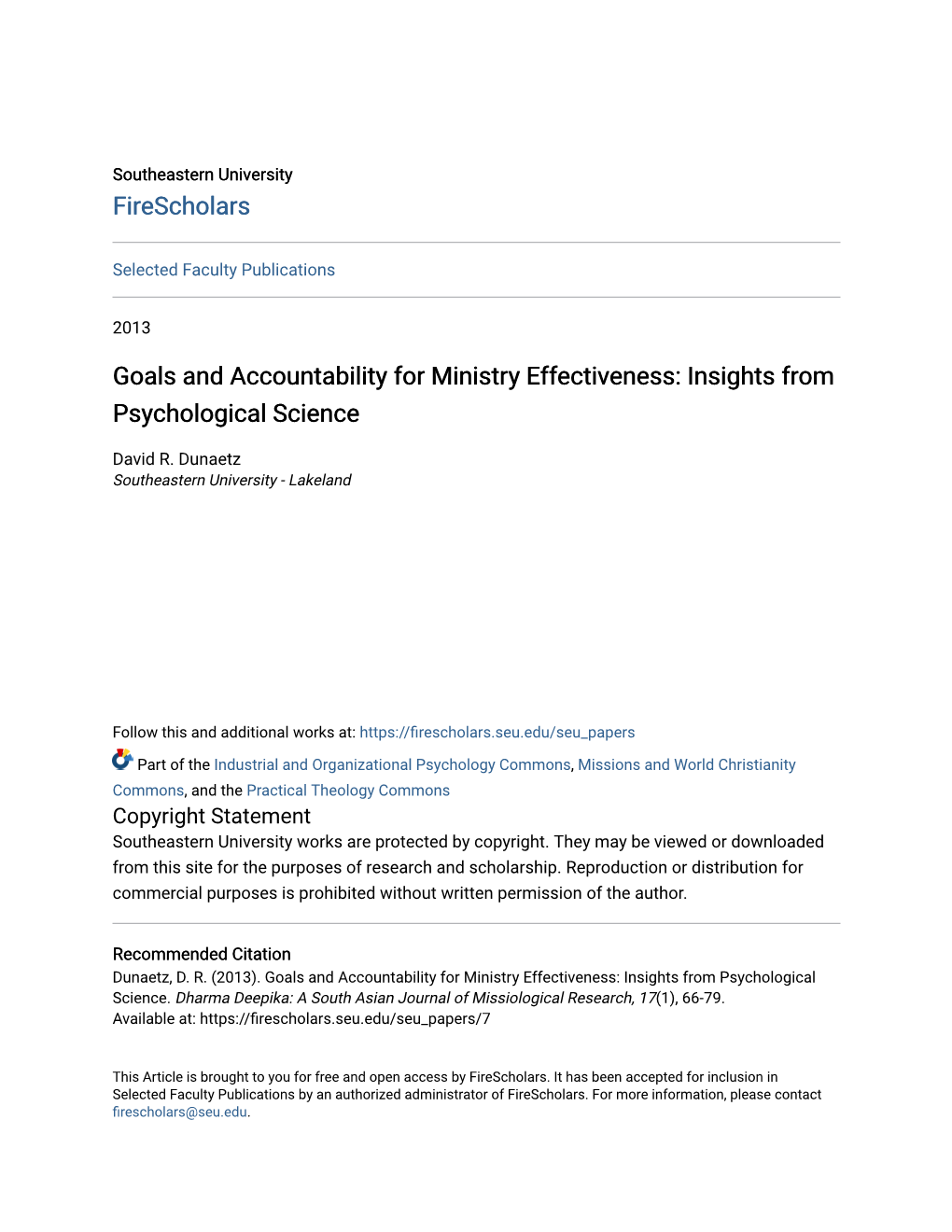 Goals and Accountability for Ministry Effectiveness: Insights from Psychological Science