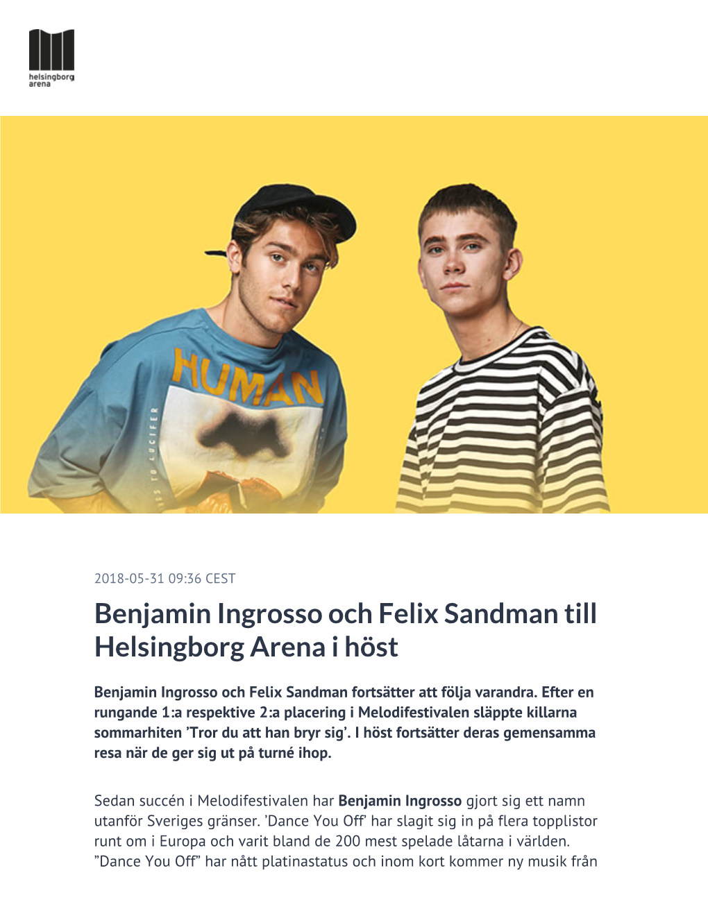 ​Benjamin Ingrosso Och Felix Sandman Till Helsingborg Arena I Höst