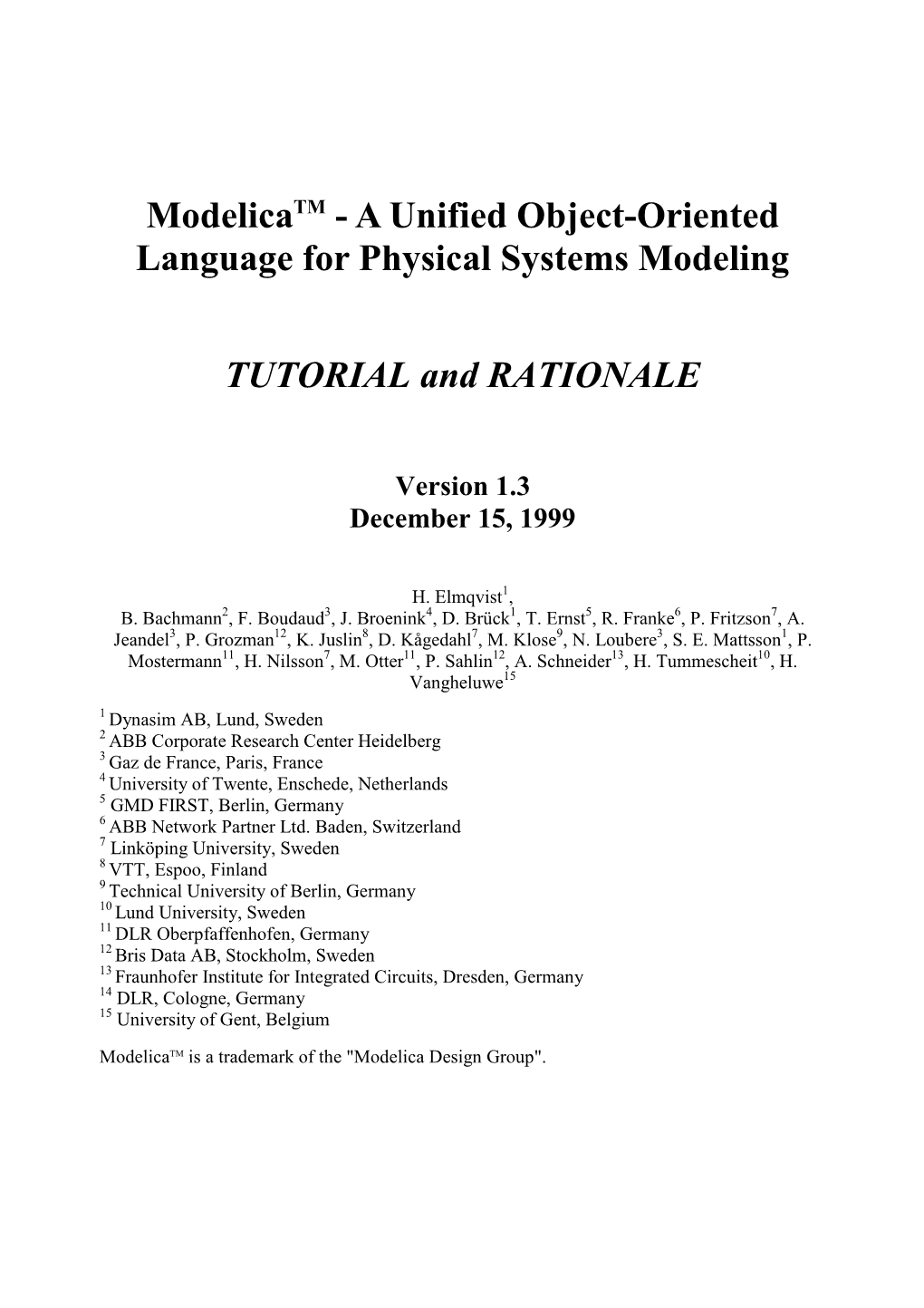Modelica Tutorial and Rationale