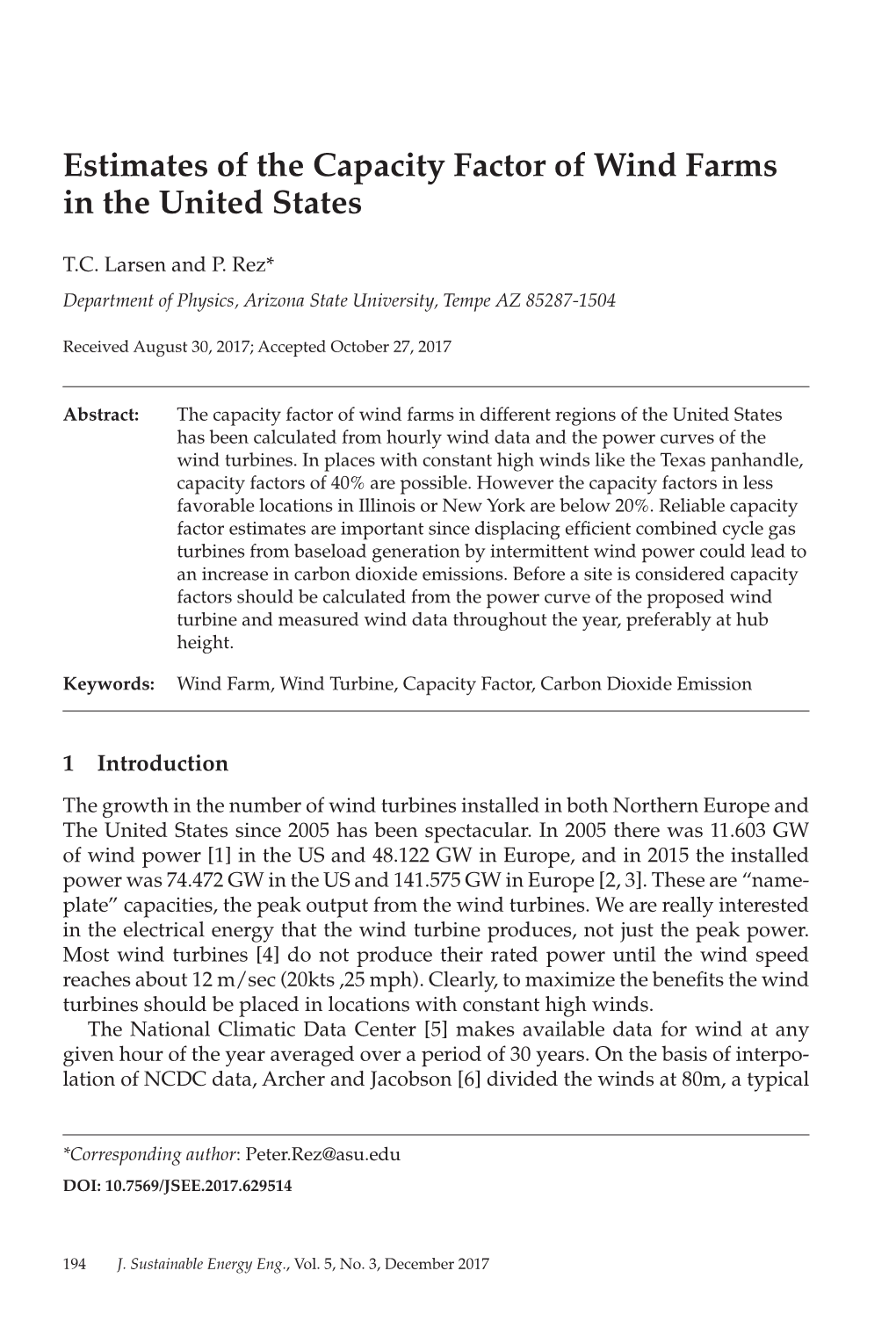 Estimates of the Capacity Factor of Wind Farms in the United States