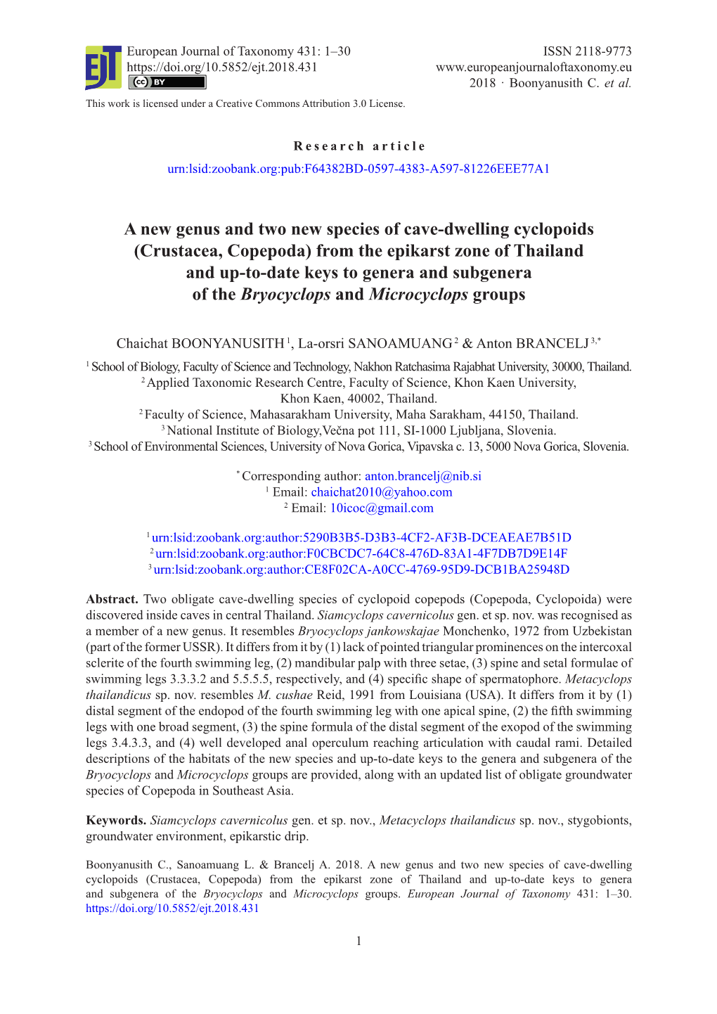 Crustacea, Copepoda) from the Epikarst Zone of Thailand and Up-To-Date Keys to Genera and Subgenera of the Bryocyclops and Microcyclops Groups