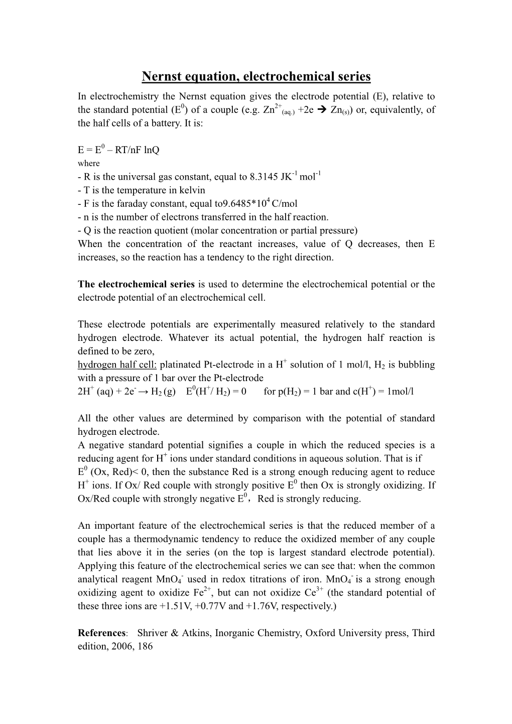 Nernst Equation, Electrochemical Series