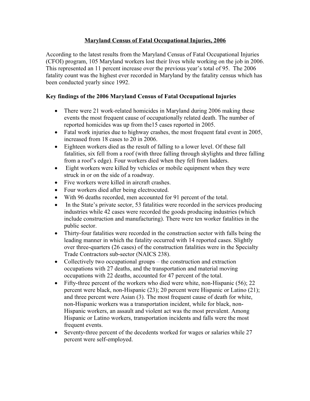 Maryland Census of Fatal Occupational Injuries, 2006