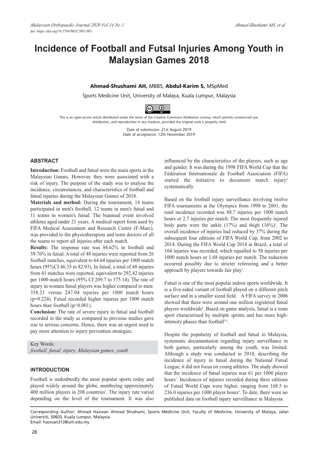 Incidence of Football and Futsal Injuries Among Youth in Malaysian Games 2018