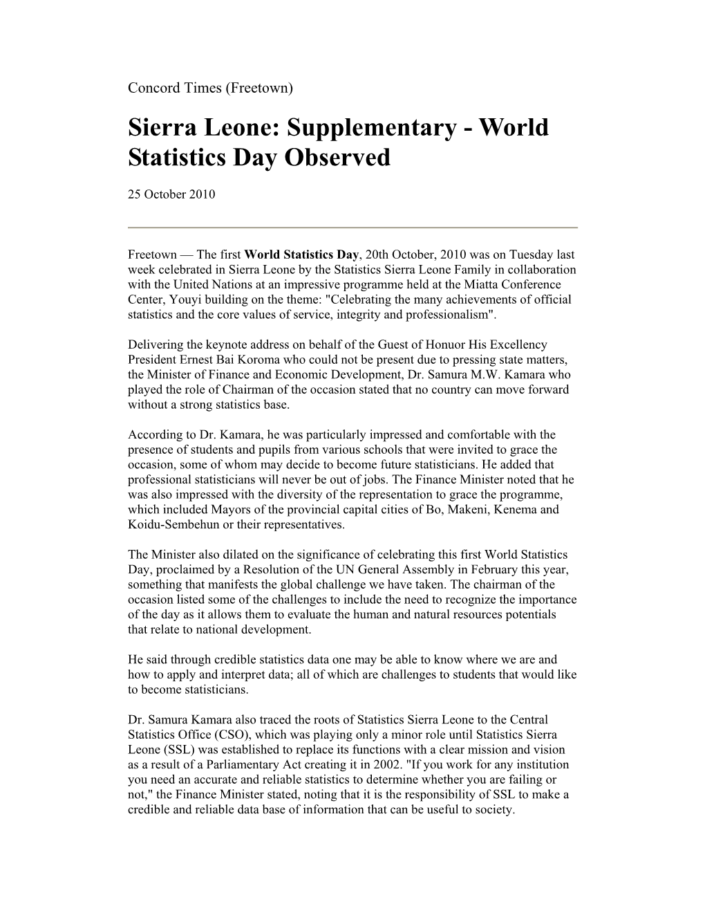 Sierra Leone: Supplementary - World Statistics Day Observed