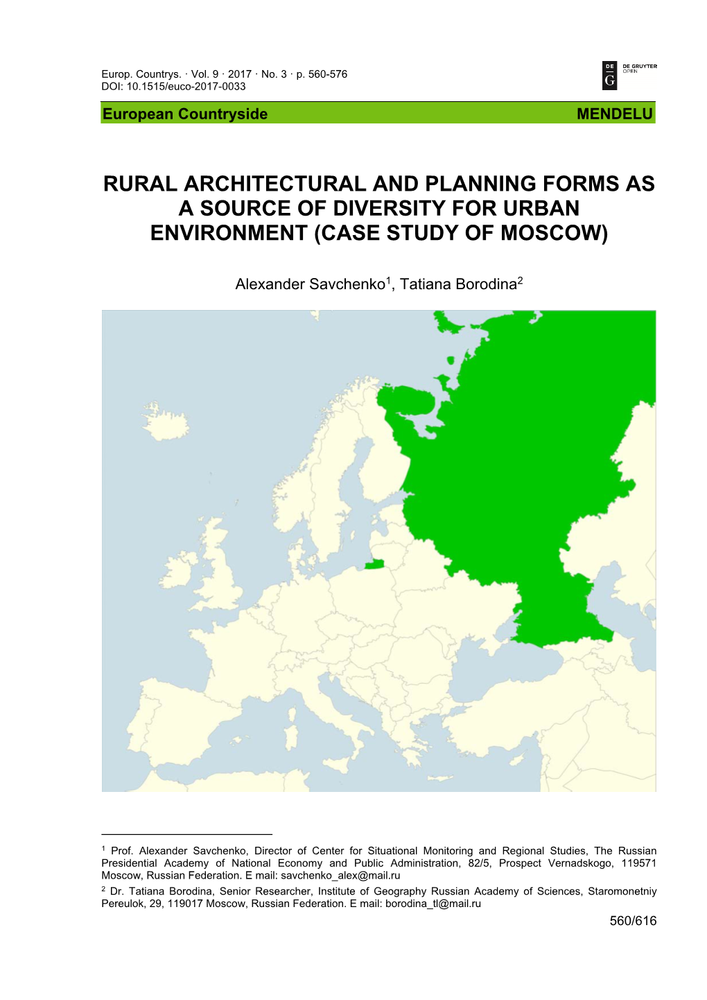 Rural Architectural and Planning Forms As a Source of Diversity for Urban Environment (Case Study of Moscow)