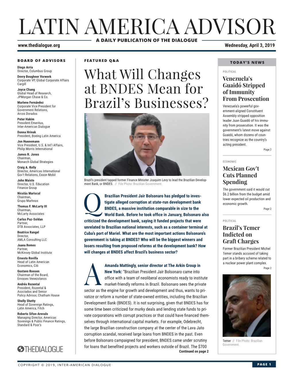 LATIN AMERICA ADVISOR a DAILY PUBLICATION of the DIALOGUE Wednesday, April 3, 2019