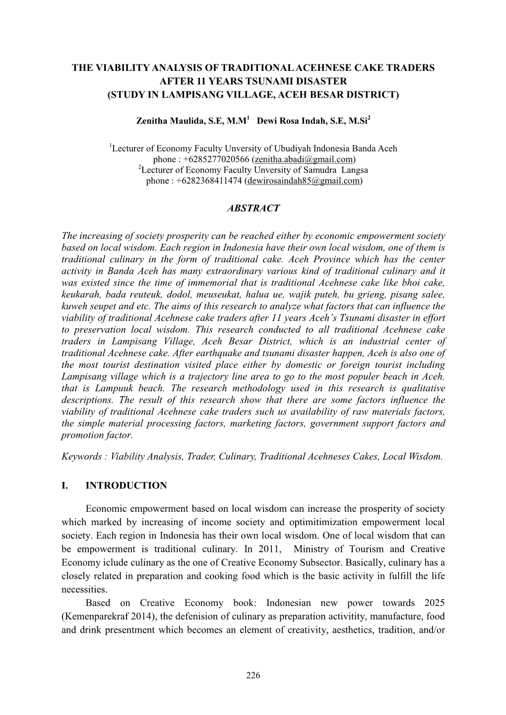 The Viability Analysis of Traditional Acehnese Cake Traders After 11 Years Tsunami Disaster (Study in Lampisang Village, Aceh Besar District)