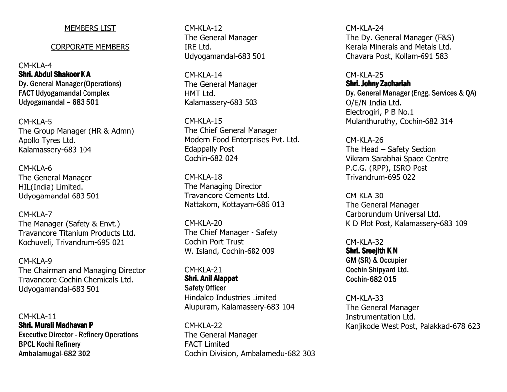 MEMBERS LIST CM-KLA-12 CM-KLA-24 the General Manager the Dy