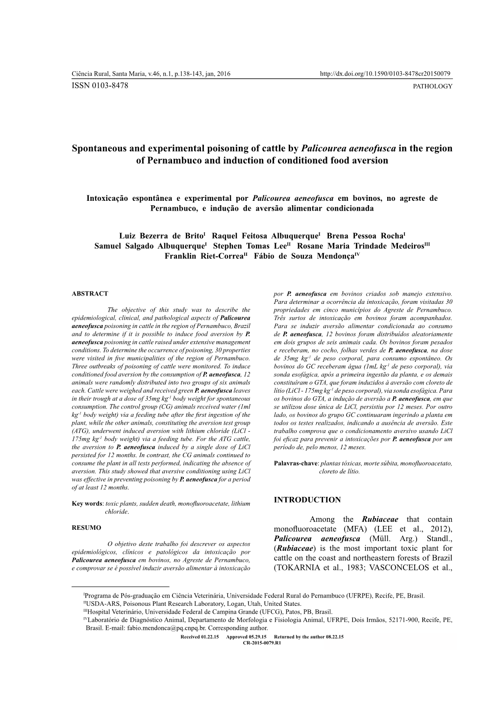 Spontaneous and Experimental Poisoning of Cattle by Palicourea Aeneofusca in the Region of Pernambuco and Induction of Conditioned Food Aversion