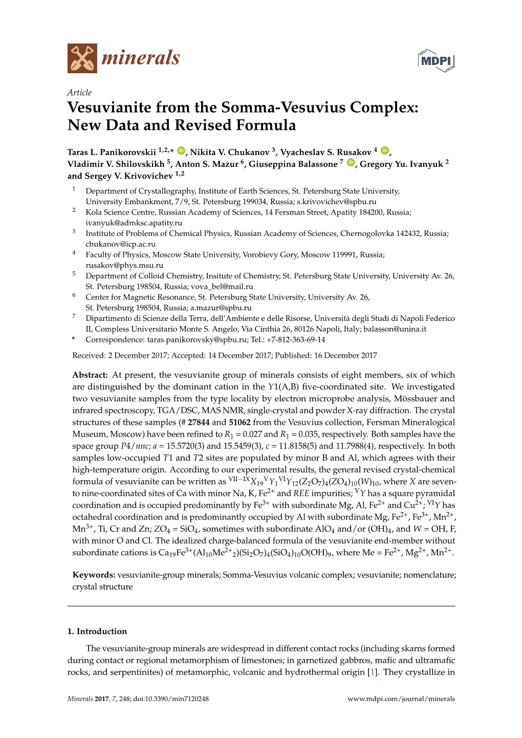 Vesuvianite from the Somma-Vesuvius Complex: New Data and Revised Formula