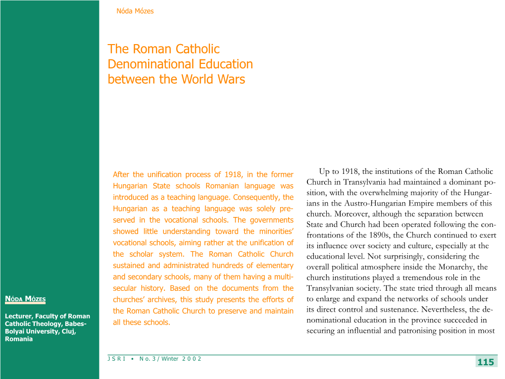 The Roman Catholic Denominational Education Between the World Wars