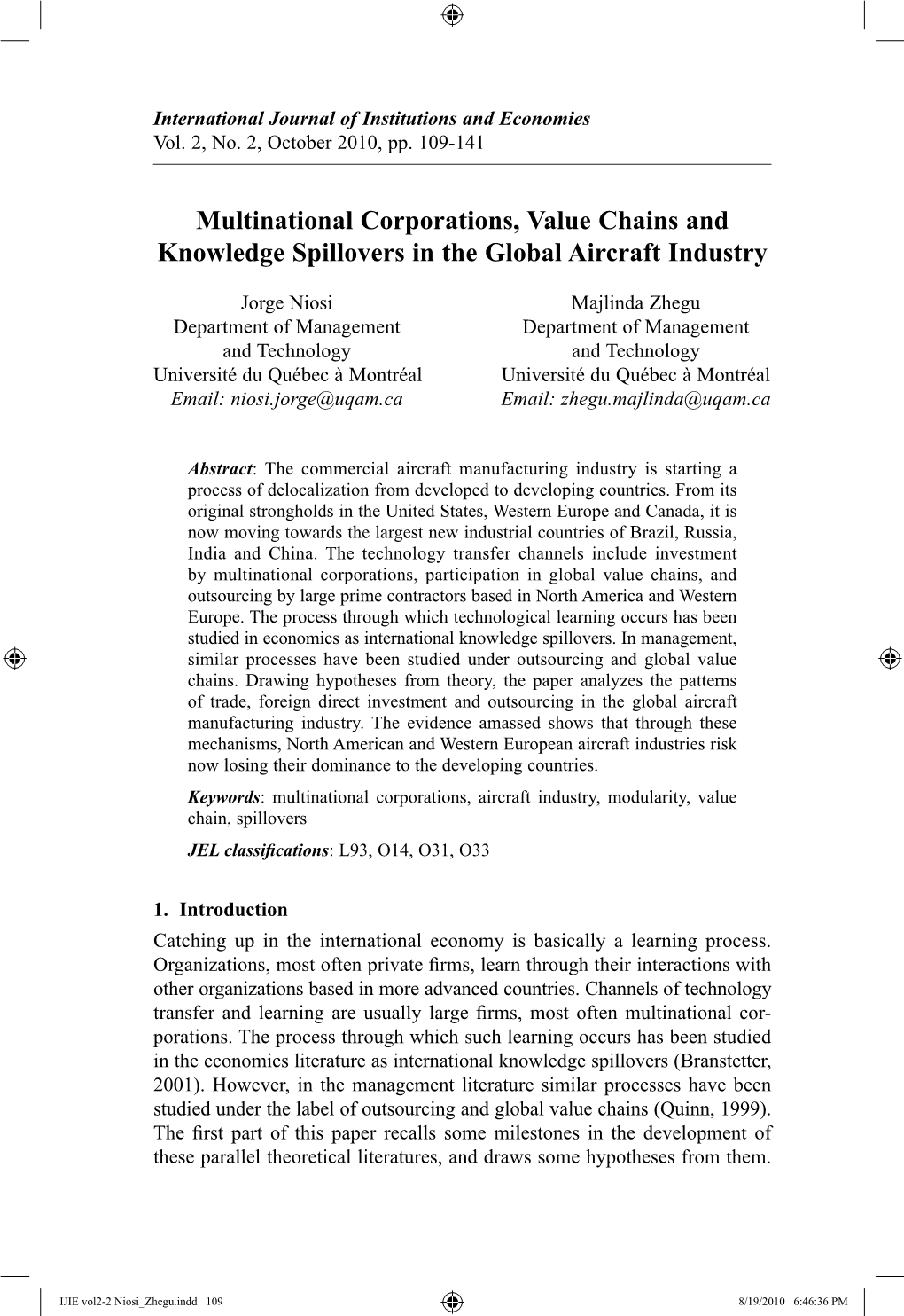 Multinational Corporations, Value Chains and Knowledge Spillovers in the Global Aircraft Industry