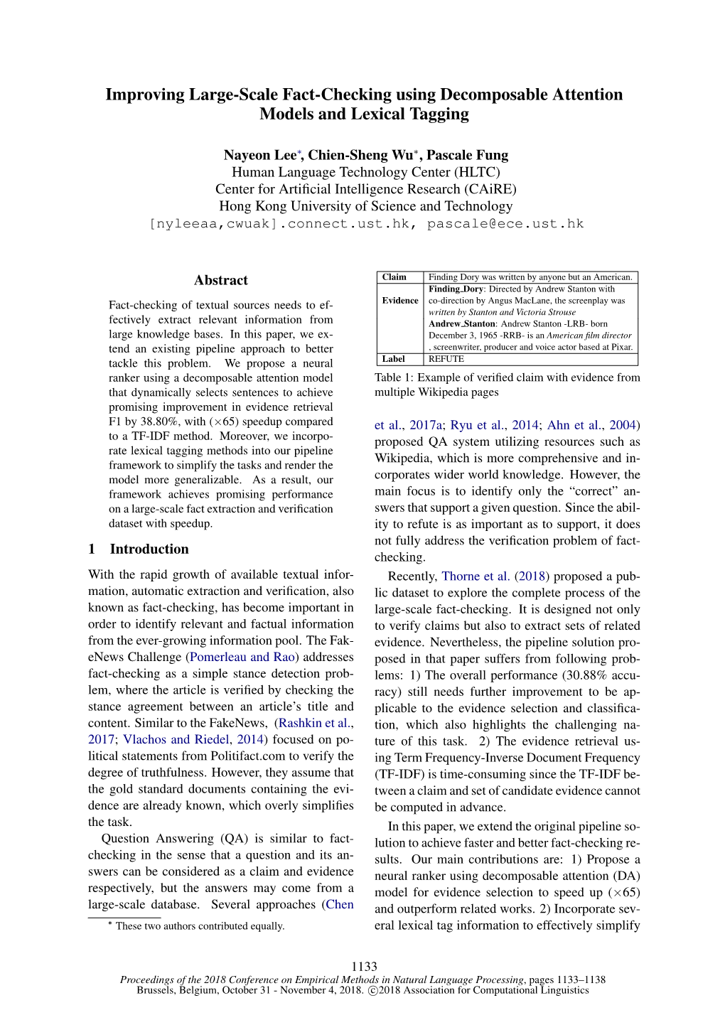 Improving Large-Scale Fact-Checking Using Decomposable Attention Models and Lexical Tagging