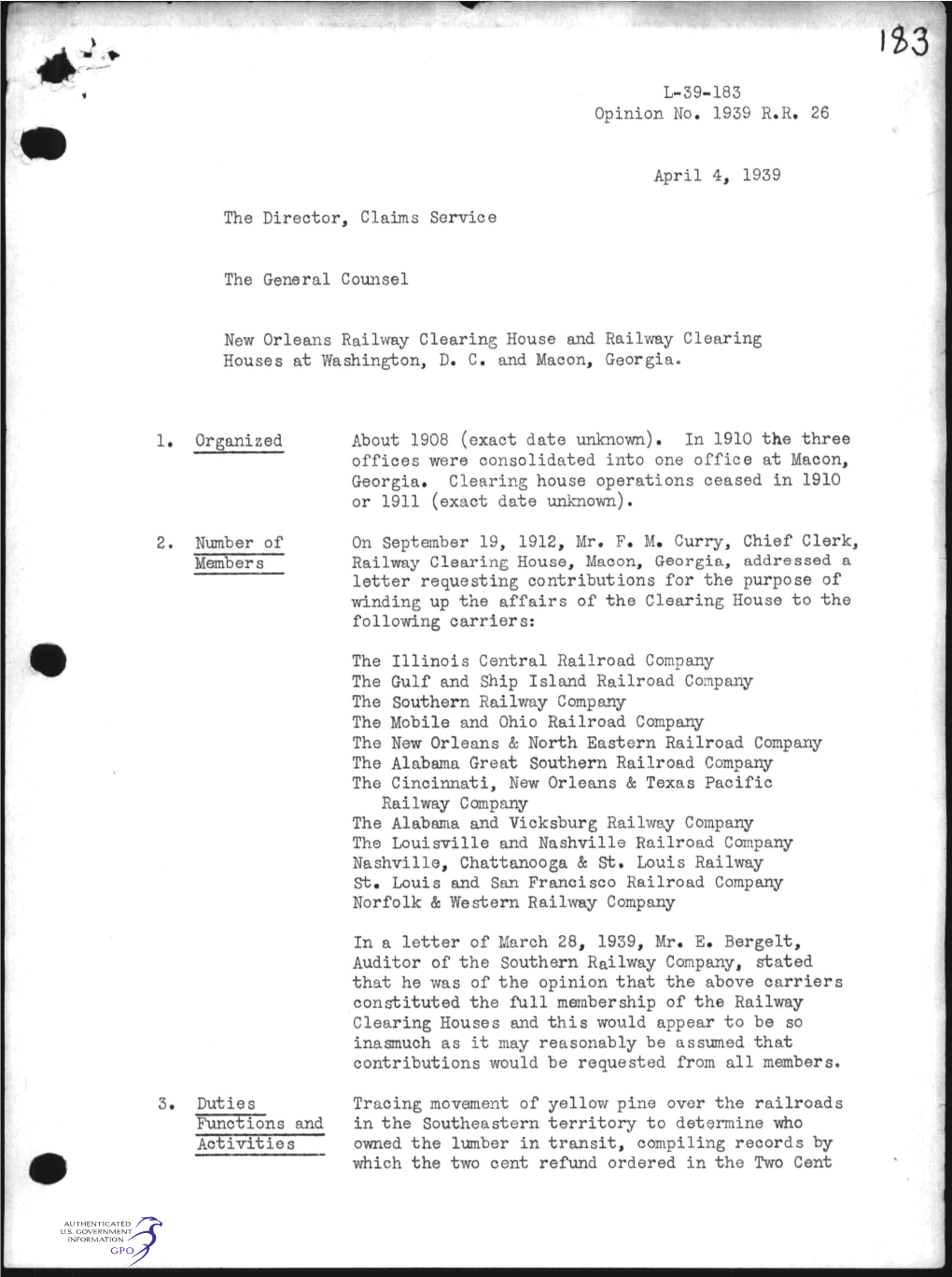 L-39-183 Opinion No. 193S R.R. 26 April 4, 1939 the Director, Claims