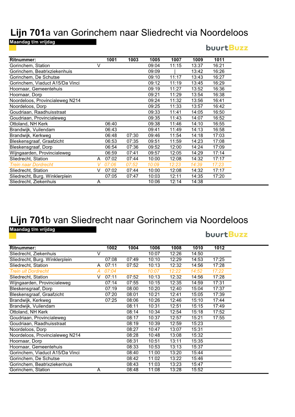 Lijn 701A Van Gorinchem Naar Sliedrecht Via Noordeloos Maandag T/M Vrijdag