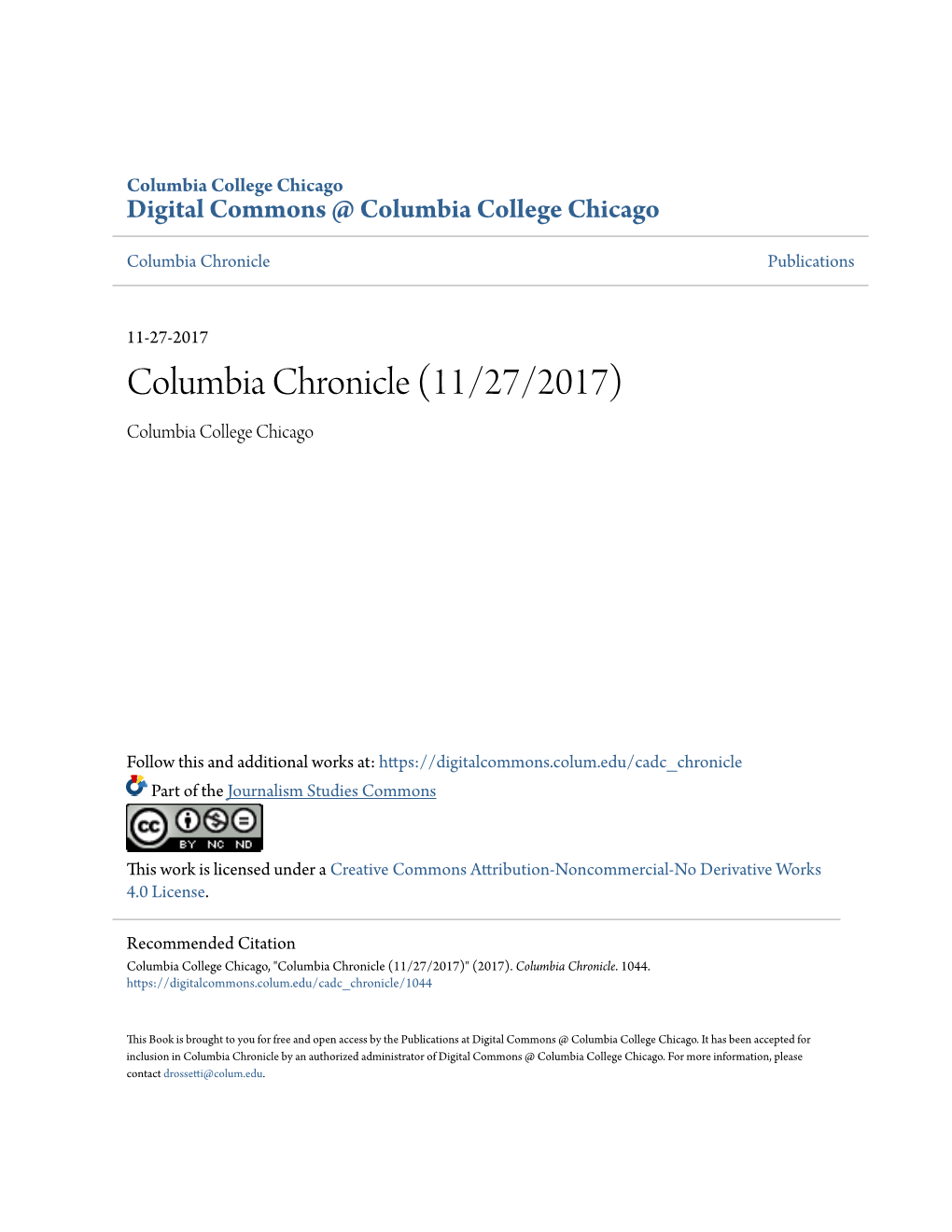 Columbia Chronicle (11/27/2017) Columbia College Chicago