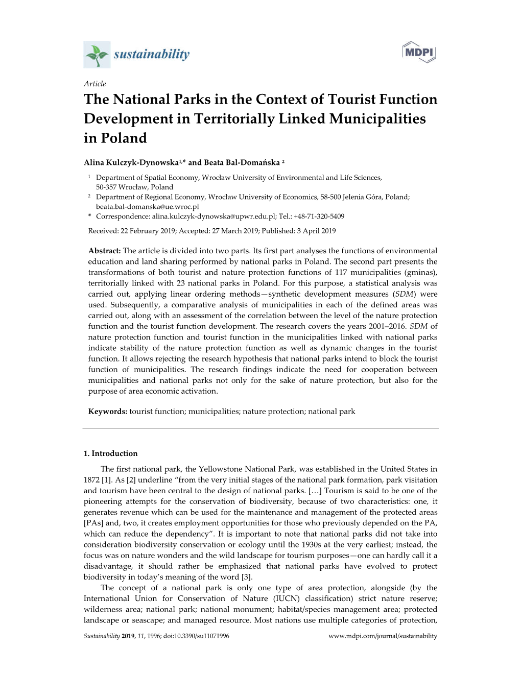 The National Parks in the Context of Tourist Function Development in Territorially Linked Municipalities in Poland