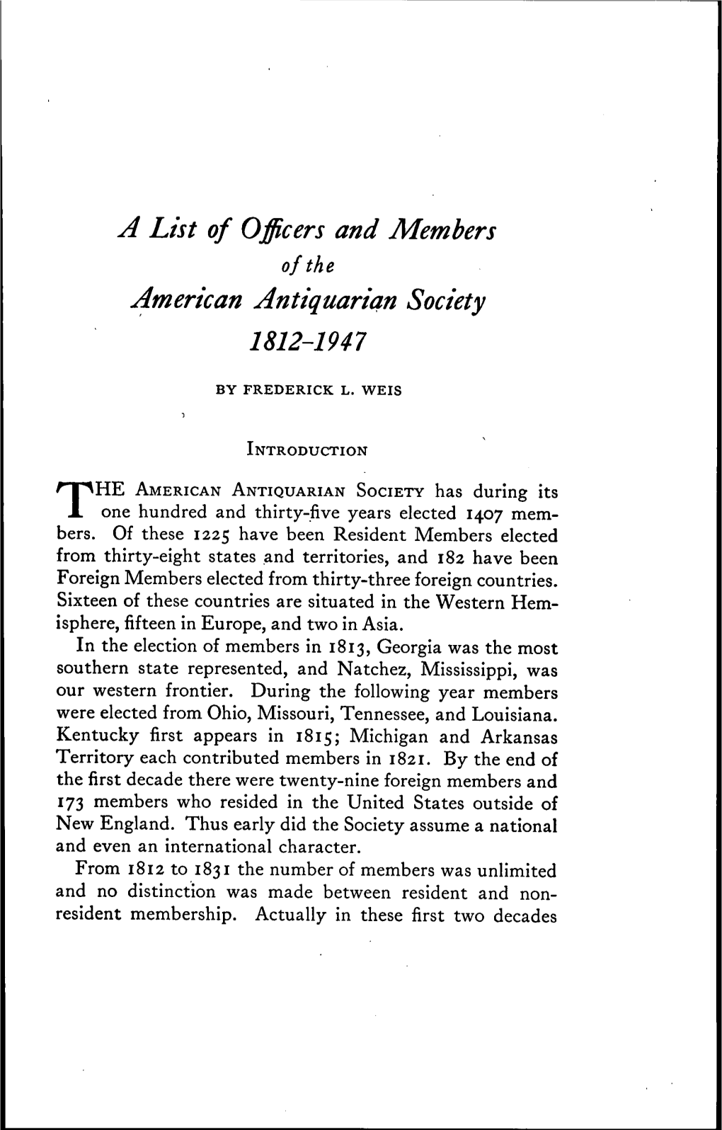 American Antiquarian Society 1812-1947