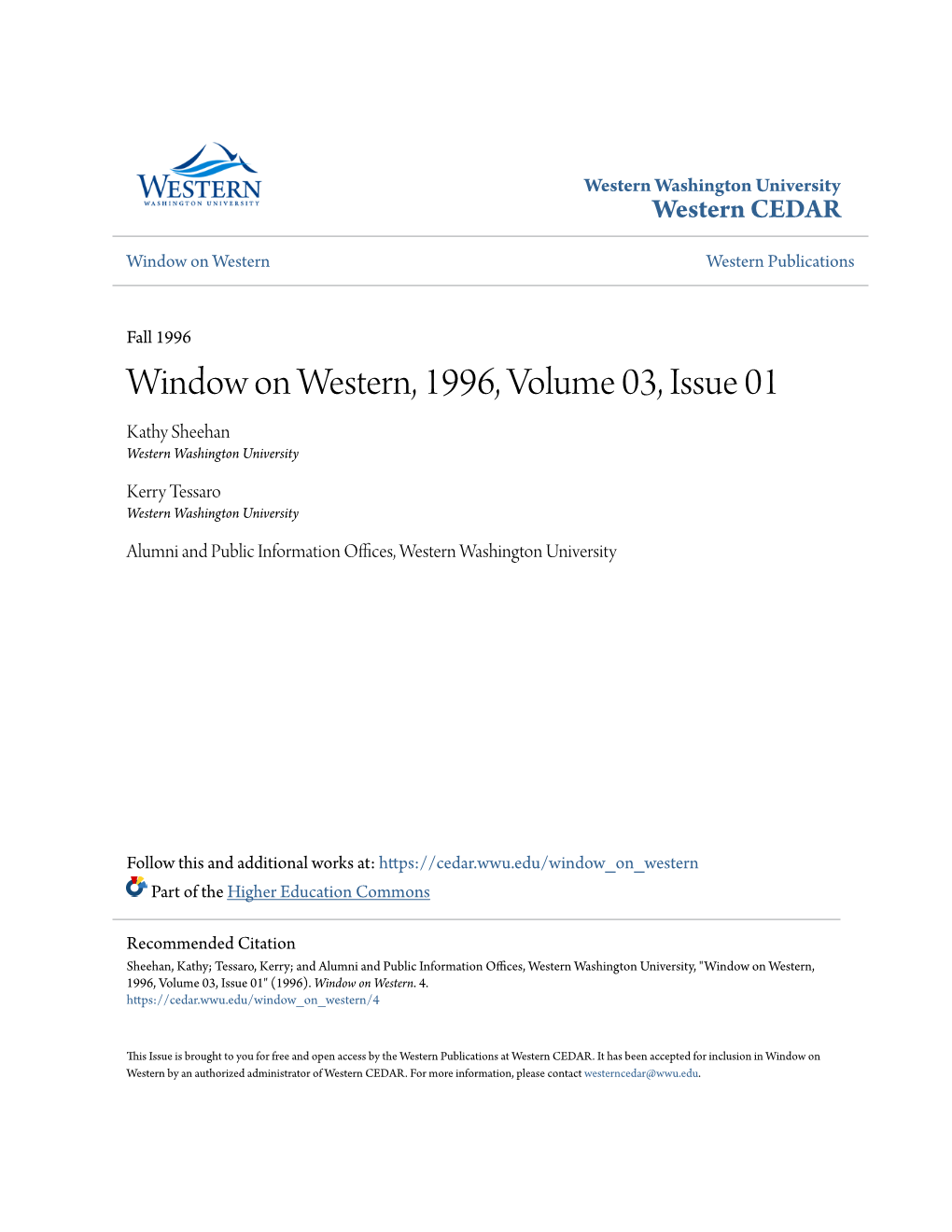 Window on Western, 1996, Volume 03, Issue 01 Kathy Sheehan Western Washington University