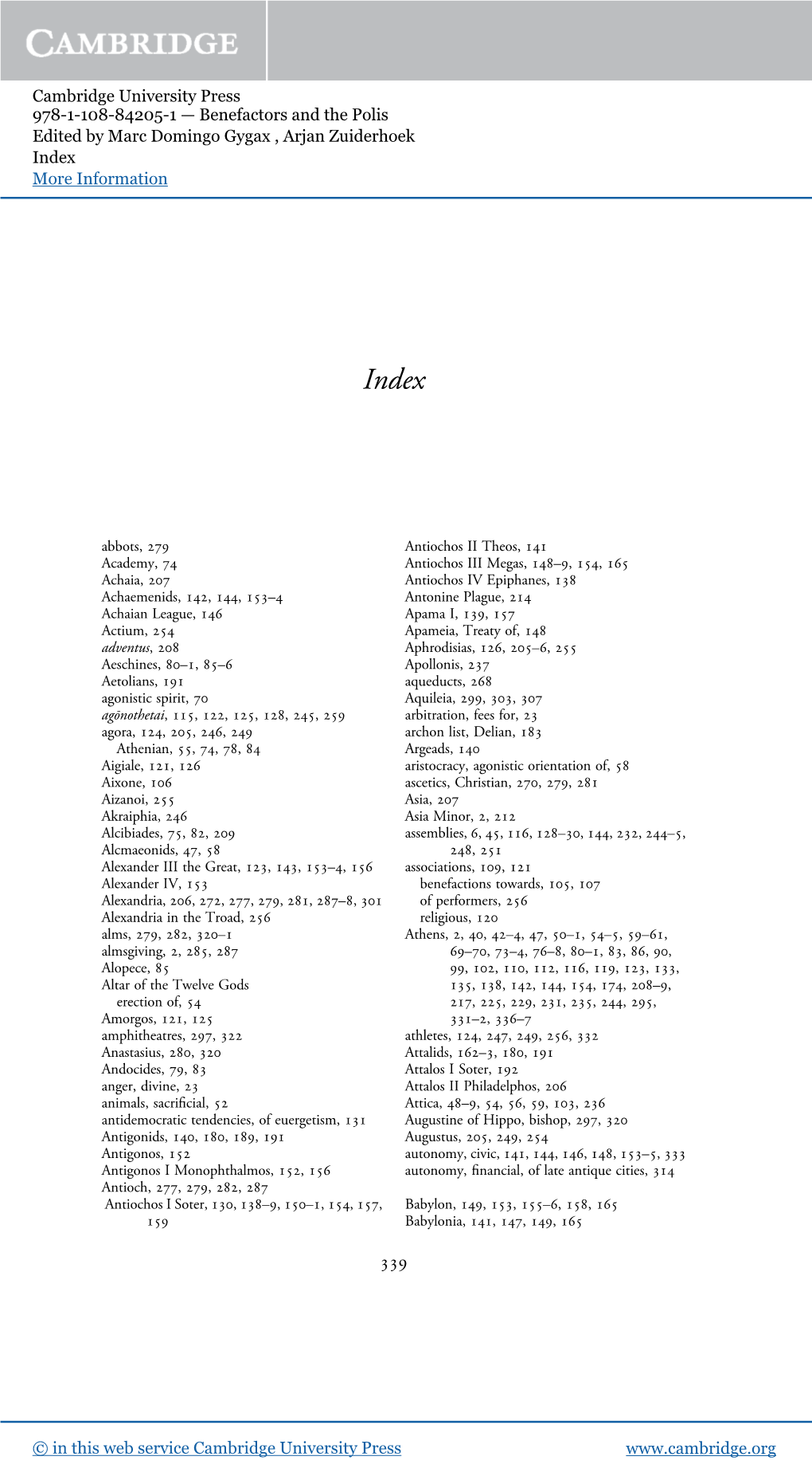 Cambridge University Press 978-1-108-84205-1 — Benefactors and the Polis Edited by Marc Domingo Gygax , Arjan Zuiderhoek Index More Information