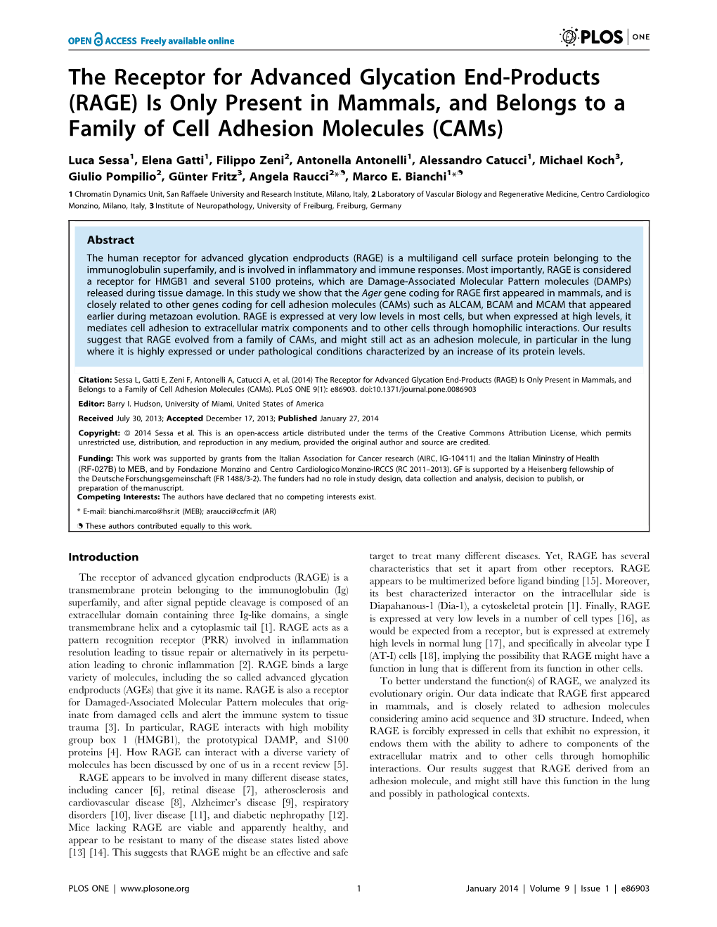 The Receptor for Advanced Glycation End-Products (RAGE) Is Only Present in Mammals, and Belongs to a Family of Cell Adhesion Molecules (Cams)