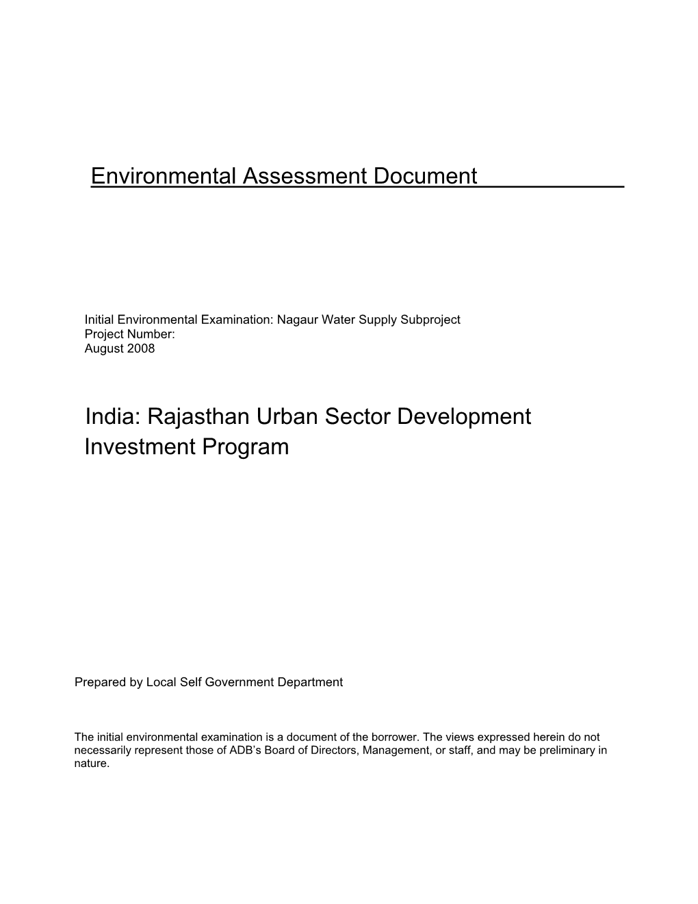 Initial Environmental Examination: Nagaur Water Supply Subproject Project Number: August 2008