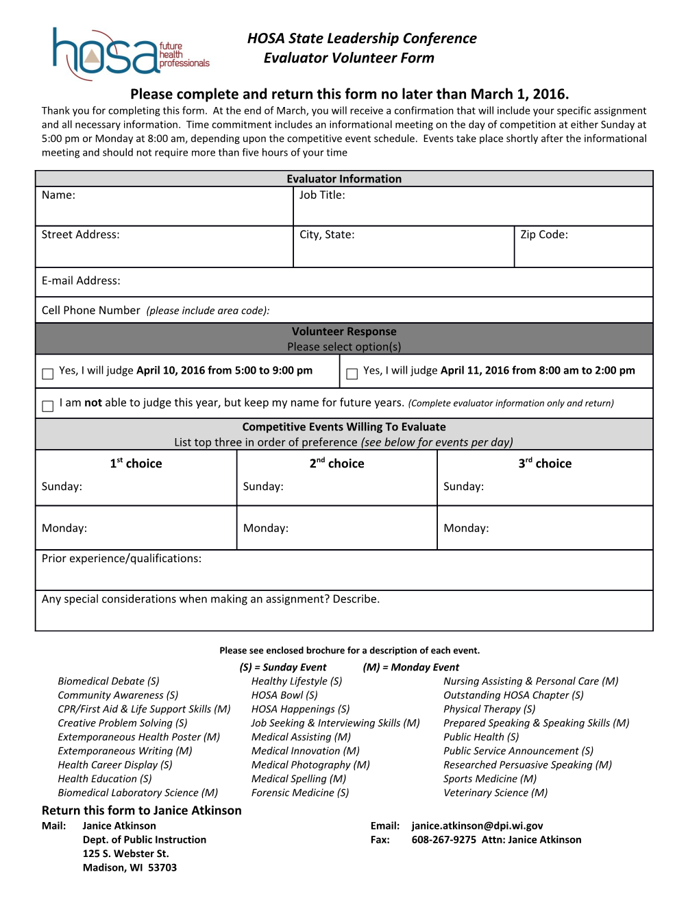 Wisconsin HOSA State Leadership Conference Evaluator Volunteer Form
