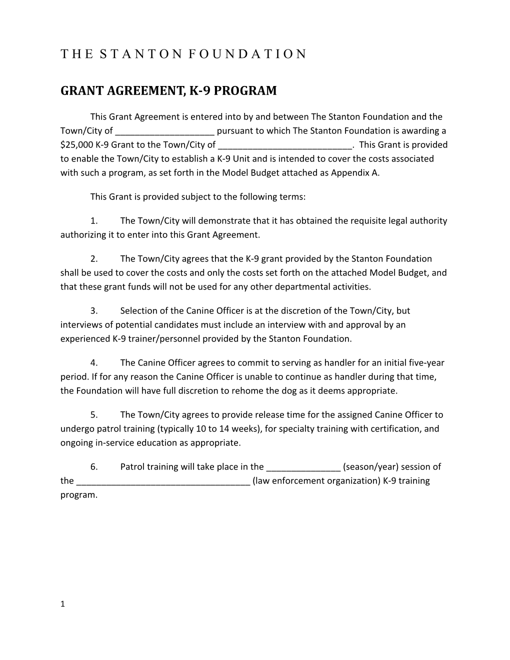 Grant Agreement, K-9 Program