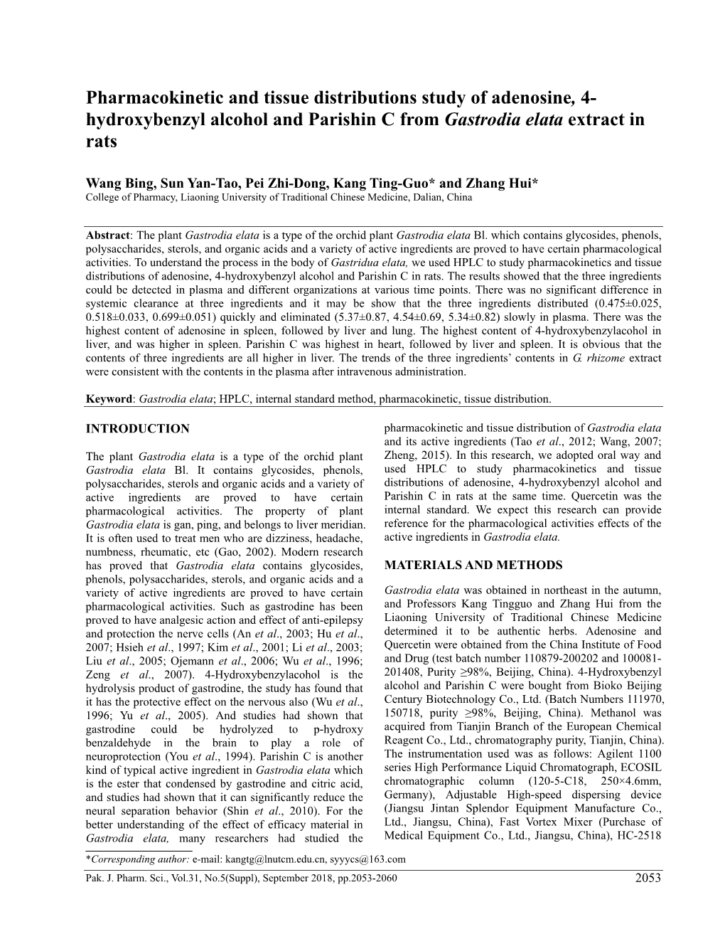 Hydroxybenzyl Alcohol and Parishin C from Gastrodia Elata Extract in Rats