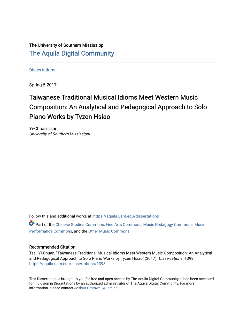 Taiwanese Traditional Musical Idioms Meet Western Music Composition: an Analytical and Pedagogical Approach to Solo Piano Works by Tyzen Hsiao