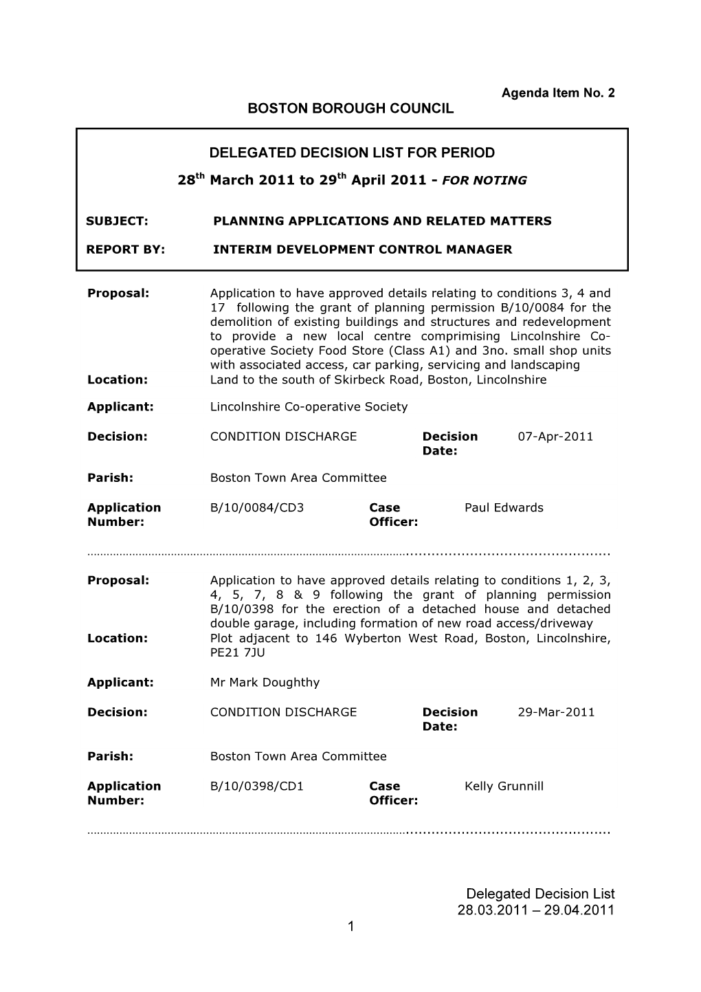 29.04.2011 1 Boston Borough Council Delegated Decision