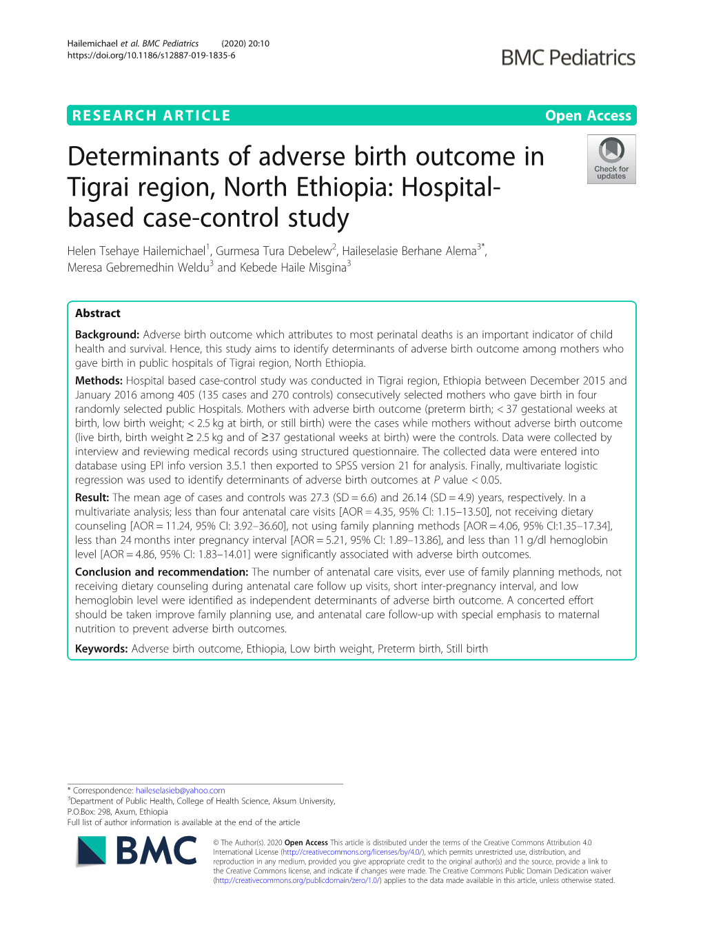 Determinants of Adverse Birth Outcome in Tigrai Region, North