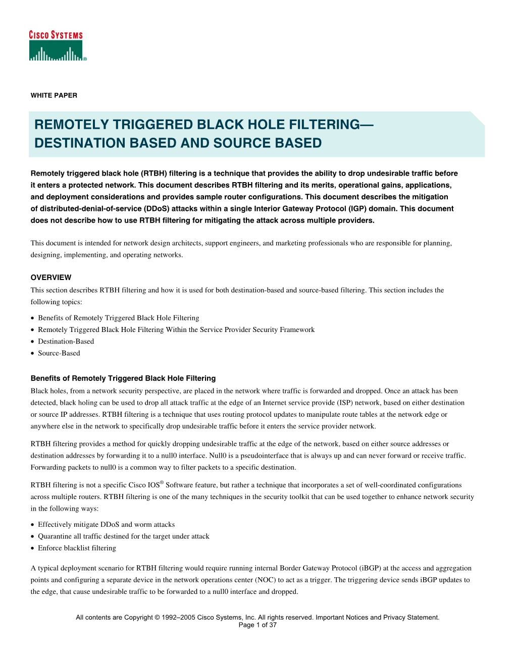 Remotely Triggered Black Hole Filtering— Destination Based and Source Based