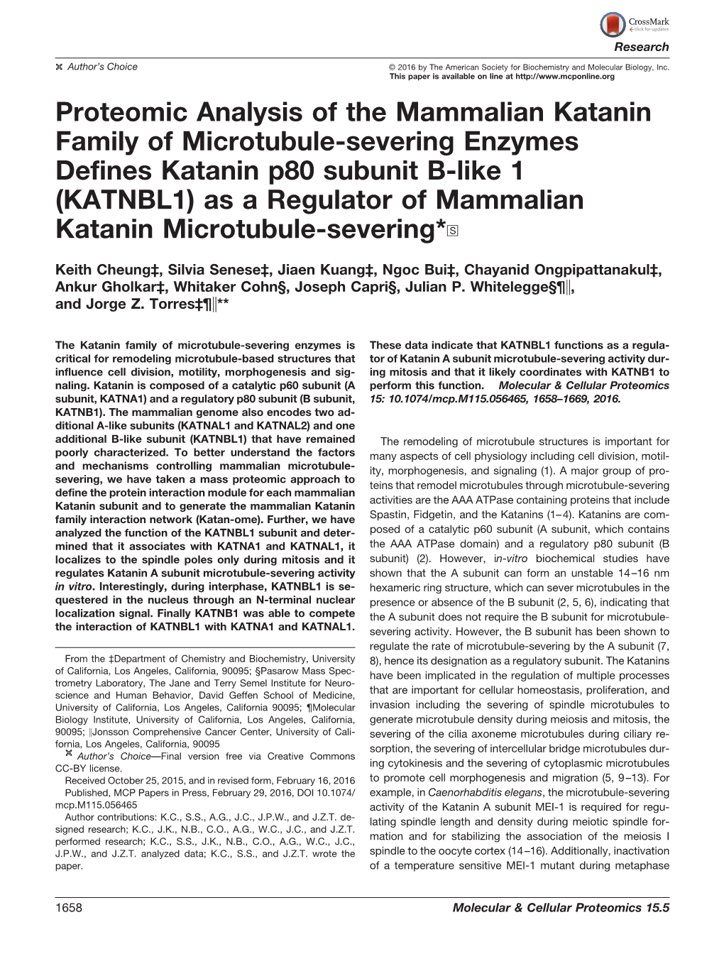 Proteomic Analysis of the Mammalian Katanin Family of Microtubule