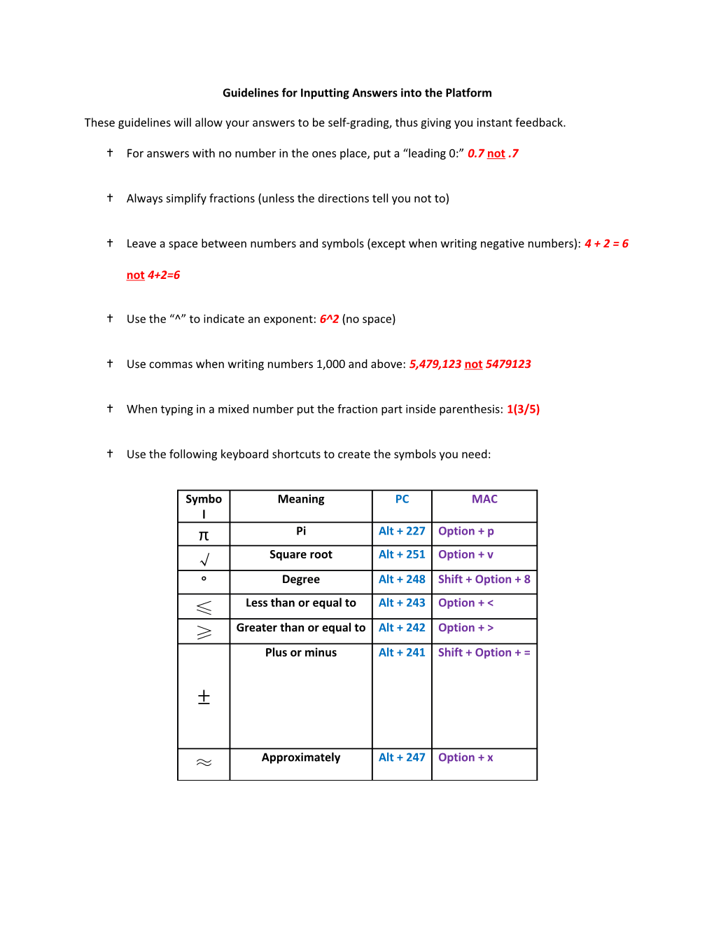 Guidelines for Inputting Answers Into the Platform