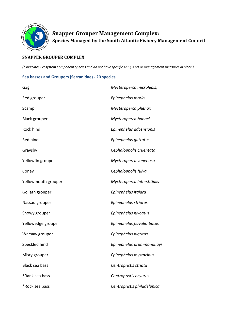 Snapper Grouper Management Complex: Species Managed by the South Atlantic Fishery Management Council