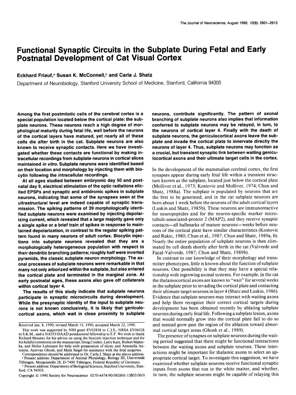 Functional Synaptic Circuits in the Subplate During Fetal and Early Postnatal Development of Cat Visual Cortex