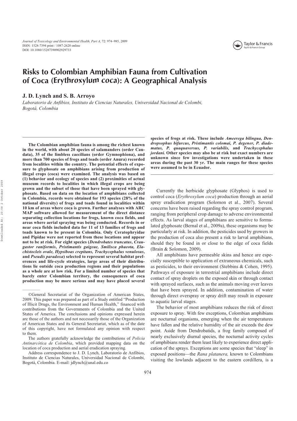 Risks to Colombian Amphibian Fauna from Cultivation of Coca