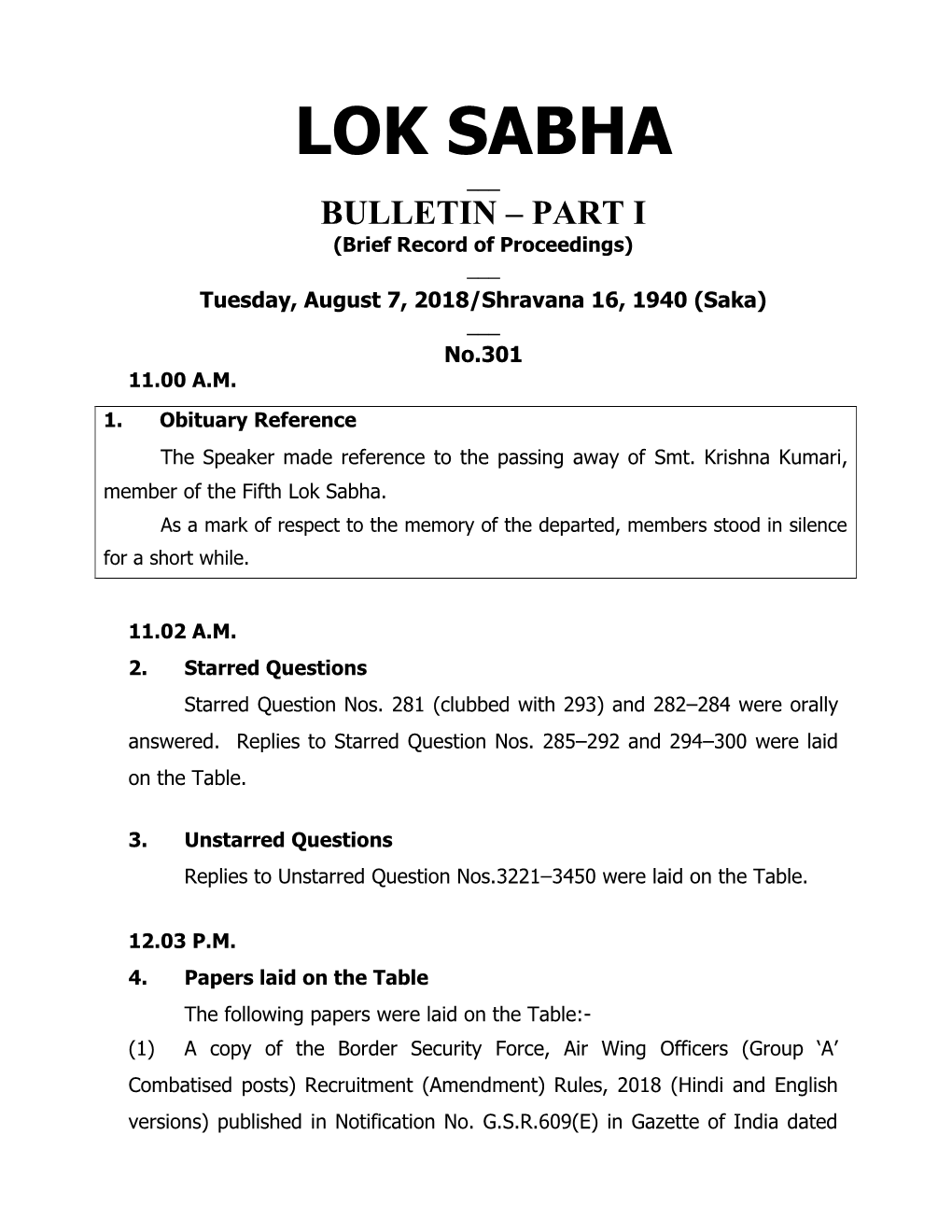 LOK SABHA ___ BULLETIN – PART I (Brief Record of Proceedings) ___