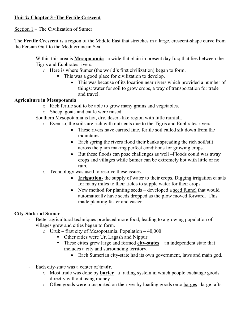 Unit 2: Chapter 3 -The Fertile Crescent Section 1 – the Civilization Of