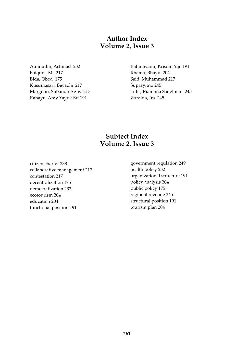 Subject Index Volume 2, Issue 3 Author